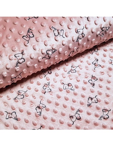 Tissu, Velours Minky Imprimé Éléphants, Vieux Rose, Laize 145 cm, 100% Polyester