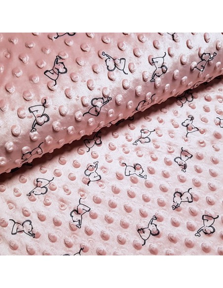 Tissu, Velours Minky Imprimé Éléphants, Vieux Rose, Laize 145 cm, 100% Polyester