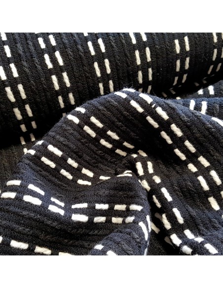 Tissu, Lainage, Rayures Blanches sur Fond Noir, Laize 140 cm, 100% Polyester
