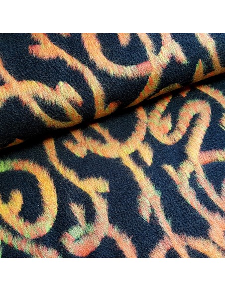 Tissu, Lainage Zigzag, Orange et Noir, Laize 150 cm, 100% Polyester