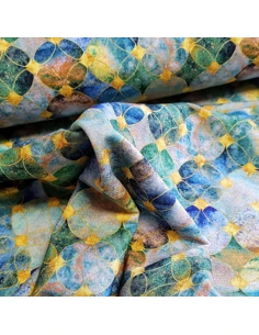 Tissu, Jersey de Viscose, Impression Numérique Orientale Vert et Bleu, Laize 150 cm, Viscose Stretch Oeko-Tex 2