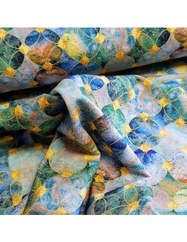 Tissu, Jersey de Viscose, Impression Numérique Orientale Vert et Bleu, Laize 150 cm, Viscose Stretch Oeko-Tex