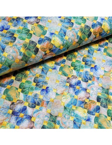 Tissu, Jersey de Viscose, Impression Numérique Orientale Vert et Bleu, Laize 150 cm, Viscose Stretch Oeko-Tex