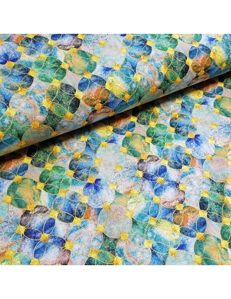 Tissu, Jersey de Viscose, Impression Numérique Orientale Vert et Bleu, Laize 150 cm, Viscose Stretch Oeko-Tex