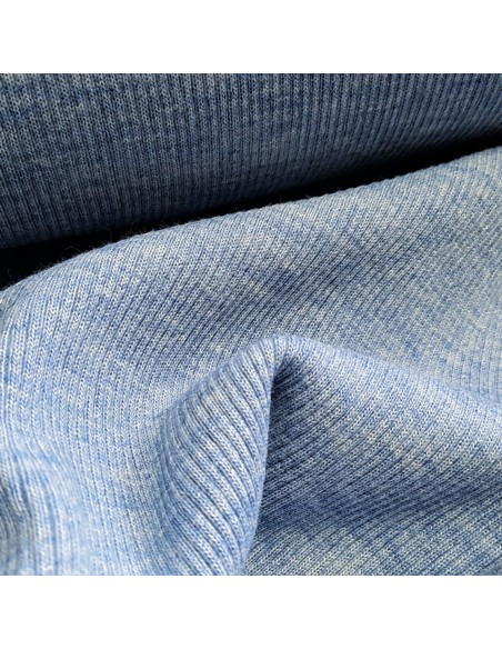 Tissu, Jersey Côtelé Tubulaire, Bleu Ciel Chiné, Laize 50 cm tubulaire, Coton Stretch Oeko-Tex
