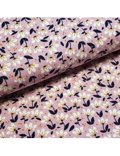 Tissu, Sweat Imprimé Fleurs, Fond Mauve, Laize 150 cm, 95% Coton 5% Spandex