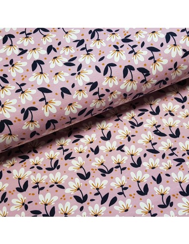 Tissu, Sweat Imprimé Fleurs, Fond Mauve, Laize 150 cm, 95% Coton 5% Spandex