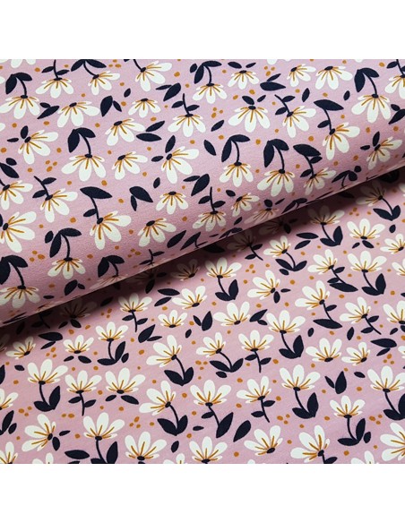 Tissu, Sweat Imprimé Fleurs, Fond Mauve, Laize 150 cm, 95% Coton 5% Spandex