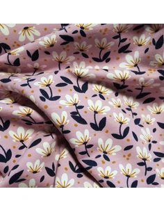 Tissu, Sweat Imprimé Fleurs, Fond Mauve, Laize 150 cm, 95% Coton 5% Spandex 2
