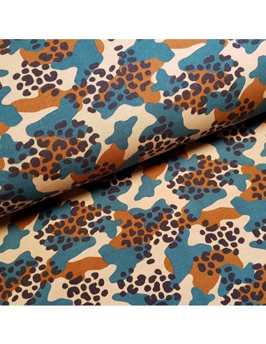 Tissu, Sweat Doublé Polaire, Camouflage Animal Bleu Pétrole, Laize 150 cm, Coton Oeko-Tex GOTS