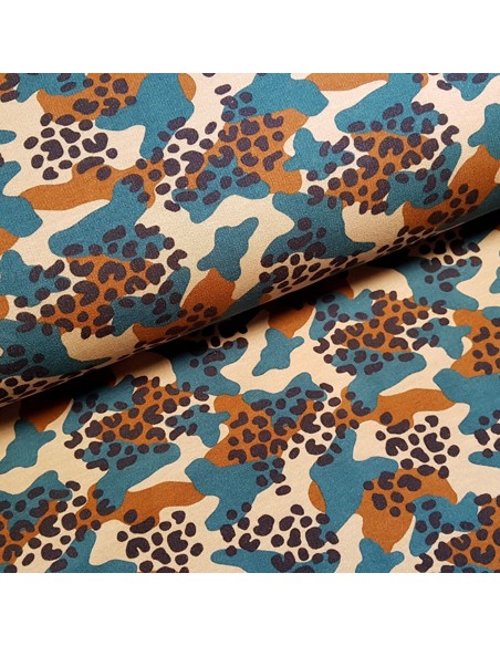 Tissu, Sweat Doublé Polaire, Camouflage Animal Bleu Pétrole, Laize 150 cm, Coton Oeko-Tex GOTS