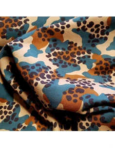 Tissu, Sweat Doublé Polaire, Camouflage Animal Bleu Pétrole, Laize 150 cm, Coton Oeko-Tex GOTS 2