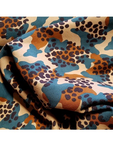 Tissu, Sweat Doublé Polaire, Camouflage Animal Bleu Pétrole, Laize 150 cm, Coton Oeko-Tex GOTS