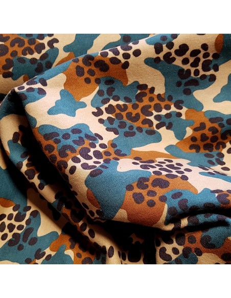 Tissu, Sweat Doublé Polaire, Camouflage Animal Bleu Pétrole, Laize 150 cm, Coton Oeko-Tex GOTS