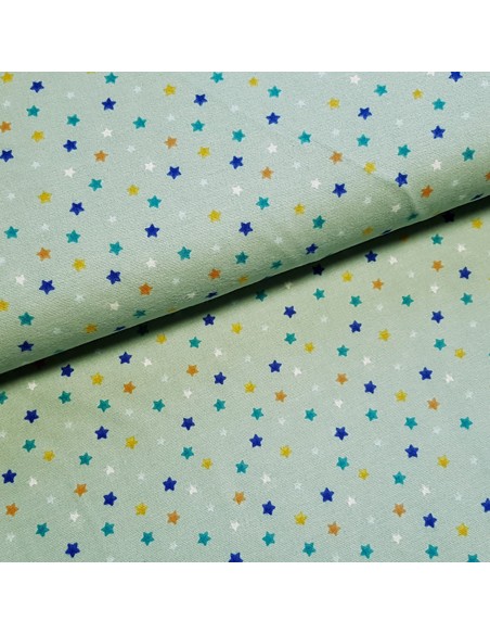 Tissu, Coton Gratté Étoiles, Vert d'eau, Laize 145 cm, 100% Coton