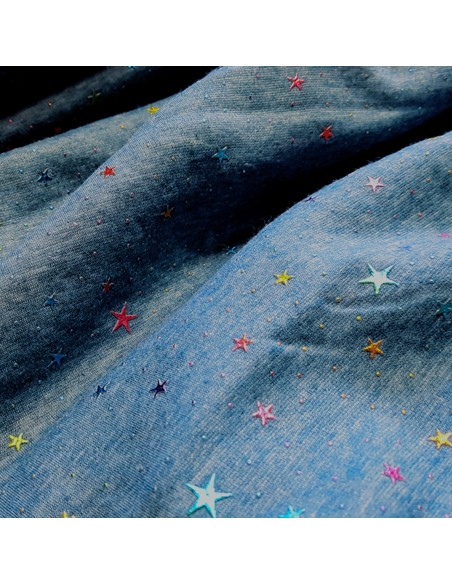 Tissu, Sweat Étoiles Multicouleurs, Bleu, Laize 150 cm, 40% Coton 56% Polyester 4% Spandex