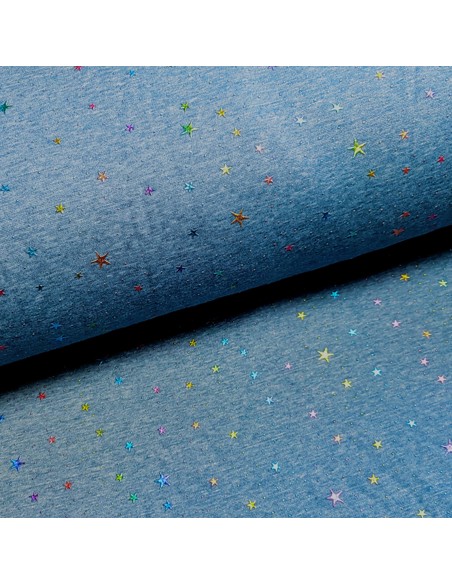 Tissu, Sweat Étoiles Multicouleurs, Bleu, Laize 150 cm, 40% Coton 56% Polyester 4% Spandex