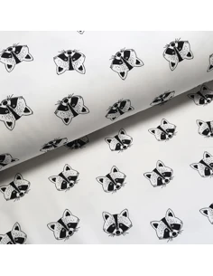 Tissu, Sweat Imprimé Ratons-Laveurs, Fond Blanc, Laize 150 cm, 95% Coton 5% Spandex