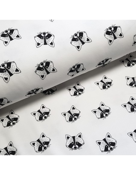 Tissu, Sweat Imprimé Ratons-Laveurs, Fond Blanc, Laize 150 cm, 95% Coton 5% Spandex