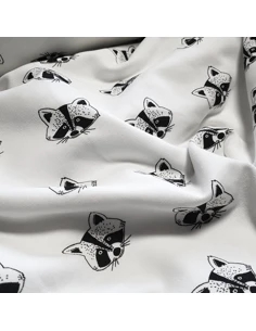 Tissu, Sweat Imprimé Ratons-Laveurs, Fond Blanc, Laize 150 cm, 95% Coton 5% Spandex 2