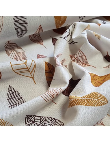 Tissu, Bachette de Coton, Feuilles d'Automne sur Fond Blanc, Laize 140 cm, 80% Coton 20% Polyester 210g/m²