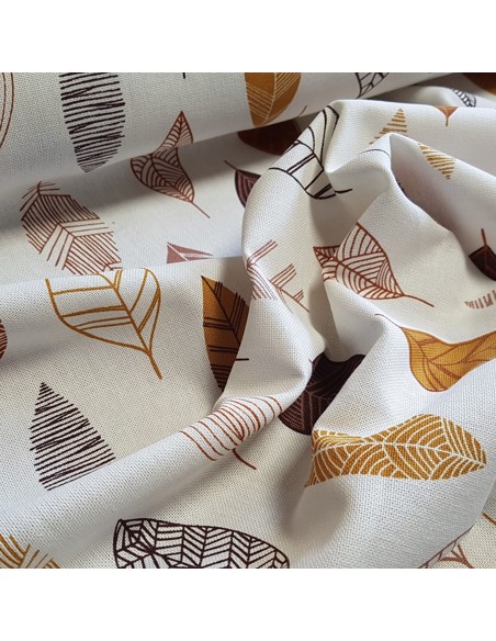 Tissu, Bachette de Coton, Feuilles d'Automne sur Fond Blanc, Laize 140 cm, 80% Coton 20% Polyester 210g/m²