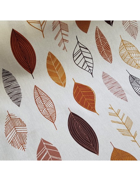 Tissu, Bachette de Coton, Feuilles d'Automne sur Fond Blanc, Laize 140 cm, 80% Coton 20% Polyester 210g/m²