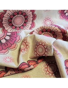 Tissu, Aspect Lin Mandalas Fleuris, Rose, Laize 140 cm, 80% Coton 20% Polyester Oeko-Tex 2