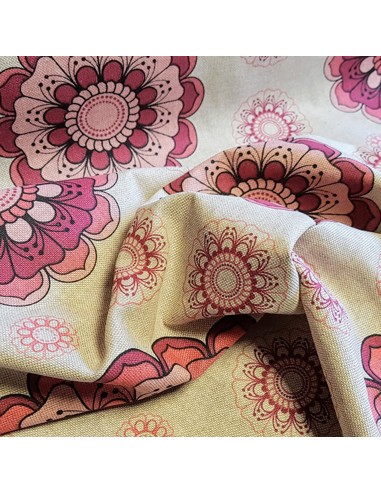 Tissu, Aspect Lin Mandalas Fleuris, Rose, Laize 140 cm, 80% Coton 20% Polyester Oeko-Tex