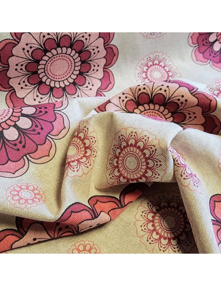 Tissu, Aspect Lin Mandalas Fleuris, Rose, Laize 140 cm, 80% Coton 20% Polyester Oeko-Tex