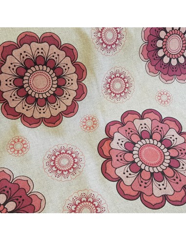Tissu, Aspect Lin Mandalas Fleuris, Rose, Laize 140 cm, 80% Coton 20% Polyester Oeko-Tex
