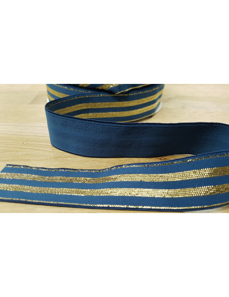 Élastique lurex rayures dorées, 30mm, bleu jean