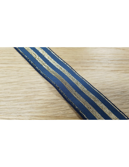 Élastique lurex rayures dorées, 30mm, bleu jean