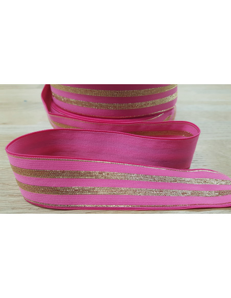 Élastique lurex rayures dorées, 30mm, rose fuchsia