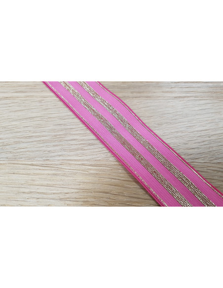 Élastique lurex rayures dorées, 30mm, rose fuchsia