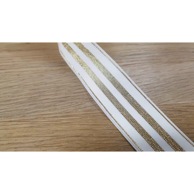Élastique lurex rayures dorées, 30mm, blanc