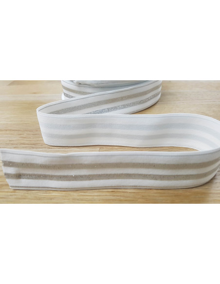 Élastique lurex rayures argentées, 30mm, blanc