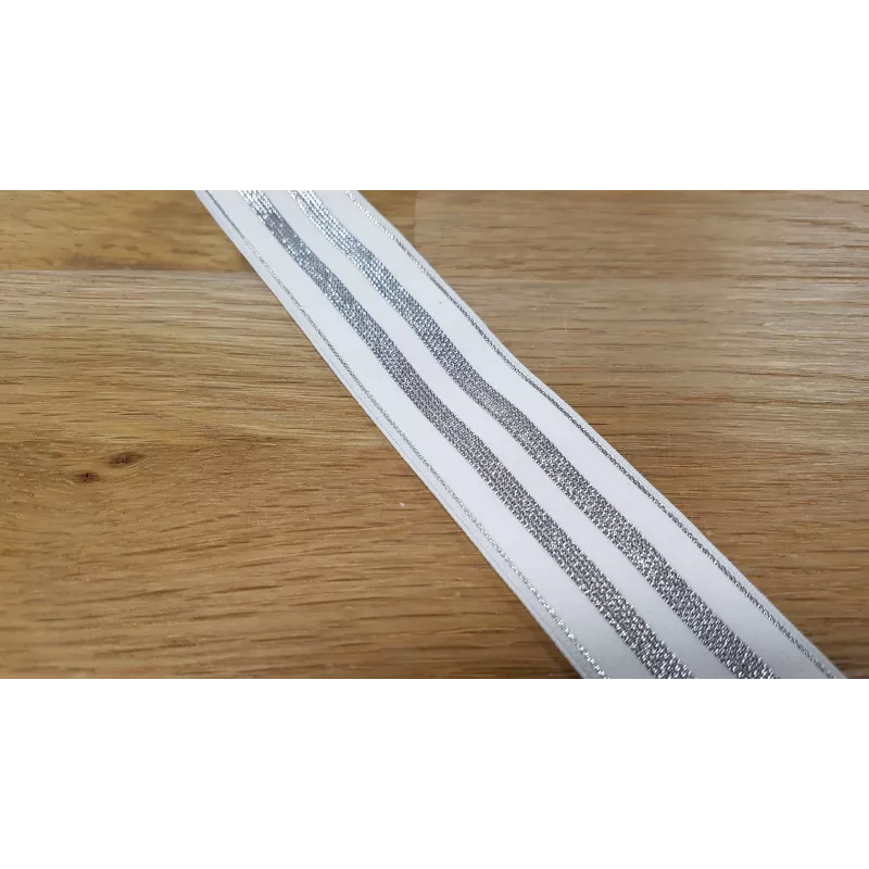 Élastique lurex rayures argentées, 30mm, blanc