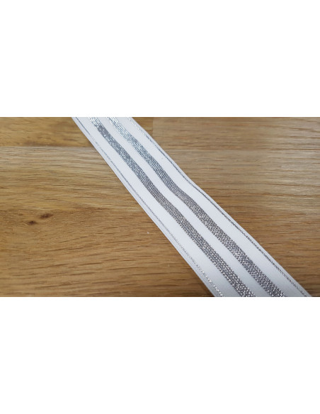 Élastique lurex rayures argentées, 30mm, blanc