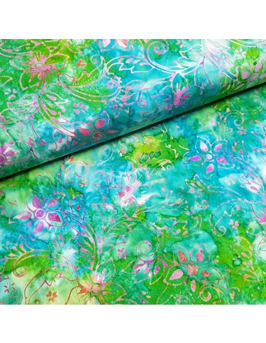 Tissu, Batik Fleuri, Rose et Vert, Laize 112 cm, 100% Coton