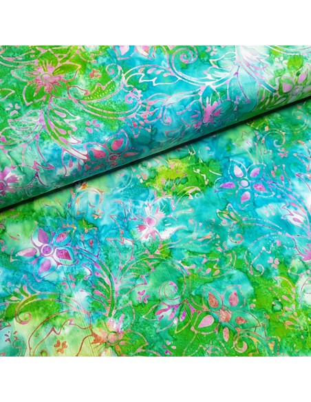 Tissu, Batik Fleuri, Rose et Vert, Laize 112 cm, 100% Coton