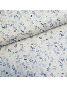 Tissu, Double Gaze, Fleurs et Papillons, Bleu et Blanc, Laize 140 cm, 100% Coton