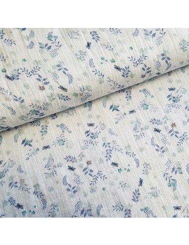 Tissu, Double Gaze, Fleurs et Papillons, Bleu et Blanc, Laize 140 cm, 100% Coton