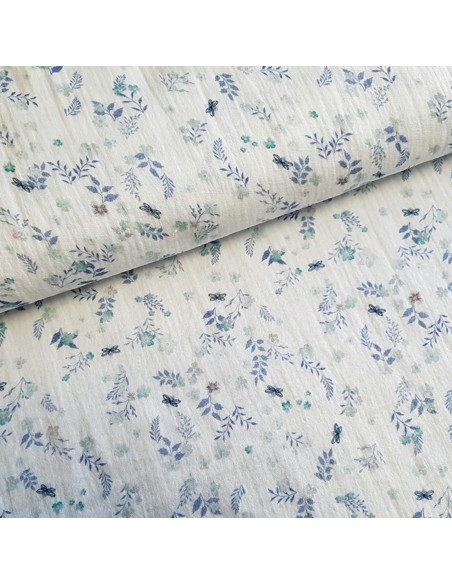 Tissu, Double Gaze, Fleurs et Papillons, Bleu et Blanc, Laize 140 cm, 100% Coton