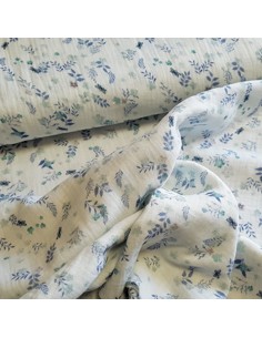 Tissu, Double Gaze, Fleurs et Papillons, Bleu et Blanc, Laize 140 cm, 100% Coton 2