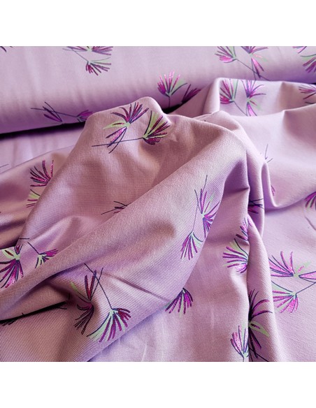 Tissu, Jersey de Coton Imprimé, Feuilles de Palmier Violet, Laize 150 cm, Coton Stretch Oeko-Tex