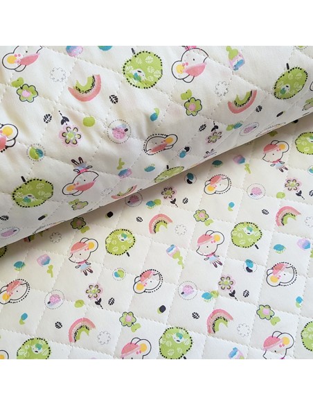 Tissu, Matelassé Imprimé Souris Réversible, Blanc & Multicolore, Laize 150 cm, 95% Coton Oeko-Tex