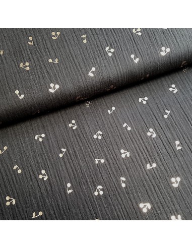 Tissu, Double Gaze Cerises, Noir, Laize 140 cm, 100% Coton