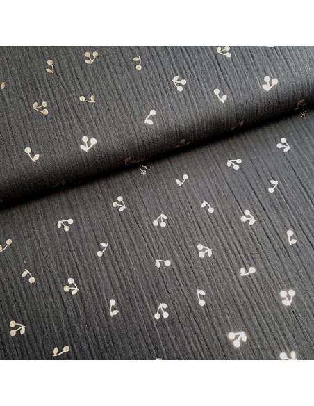 Tissu, Double Gaze Cerises, Noir, Laize 140 cm, 100% Coton