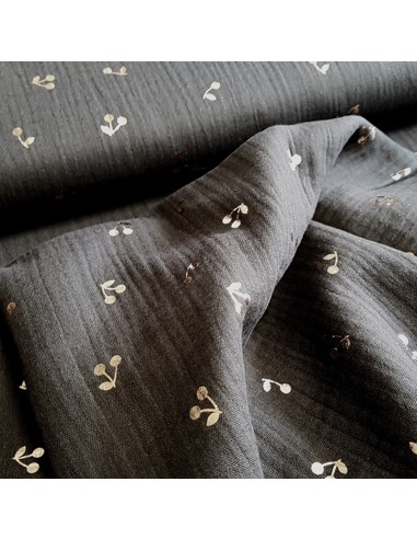 Tissu, Double Gaze Cerises, Noir, Laize 140 cm, 100% Coton